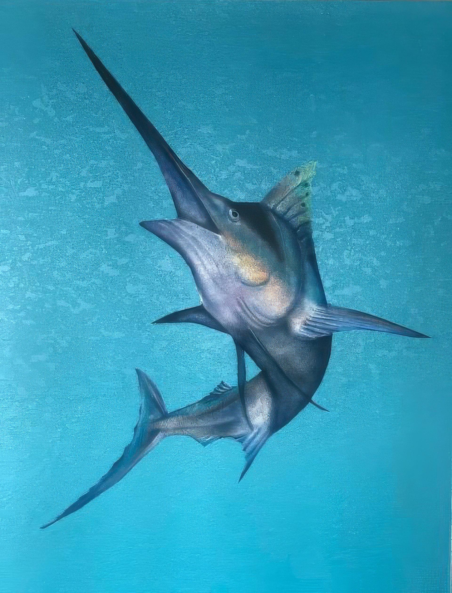 Hand-painted blue marlin sealife mural on commercial wall, Galveston themescape with teal ocean background, photorealistic.
