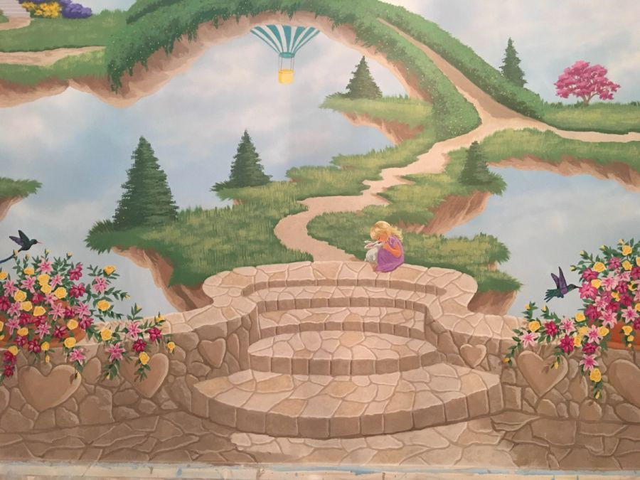 Hand-painted children's room fantasy mural with floating islands, stone heart steps, girl with bunny, and hot air balloon.