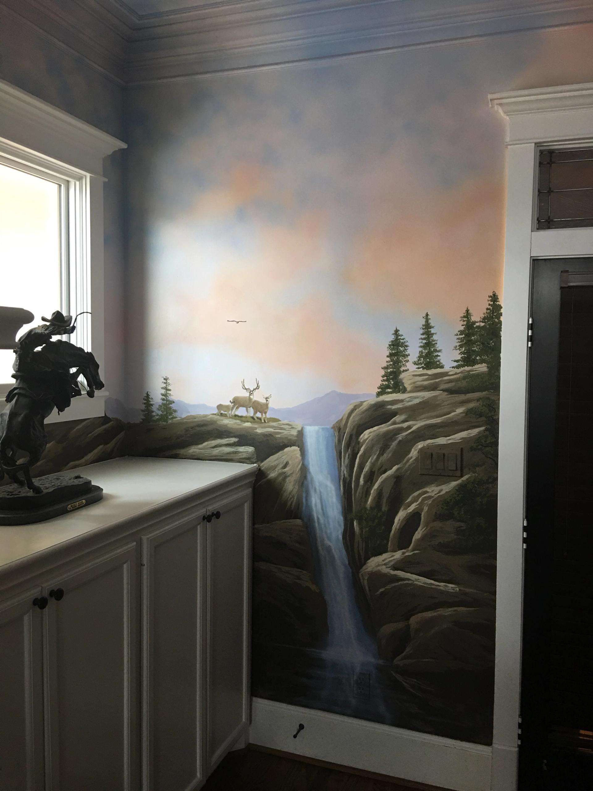 Early America Themescape mural, dear and waterfall