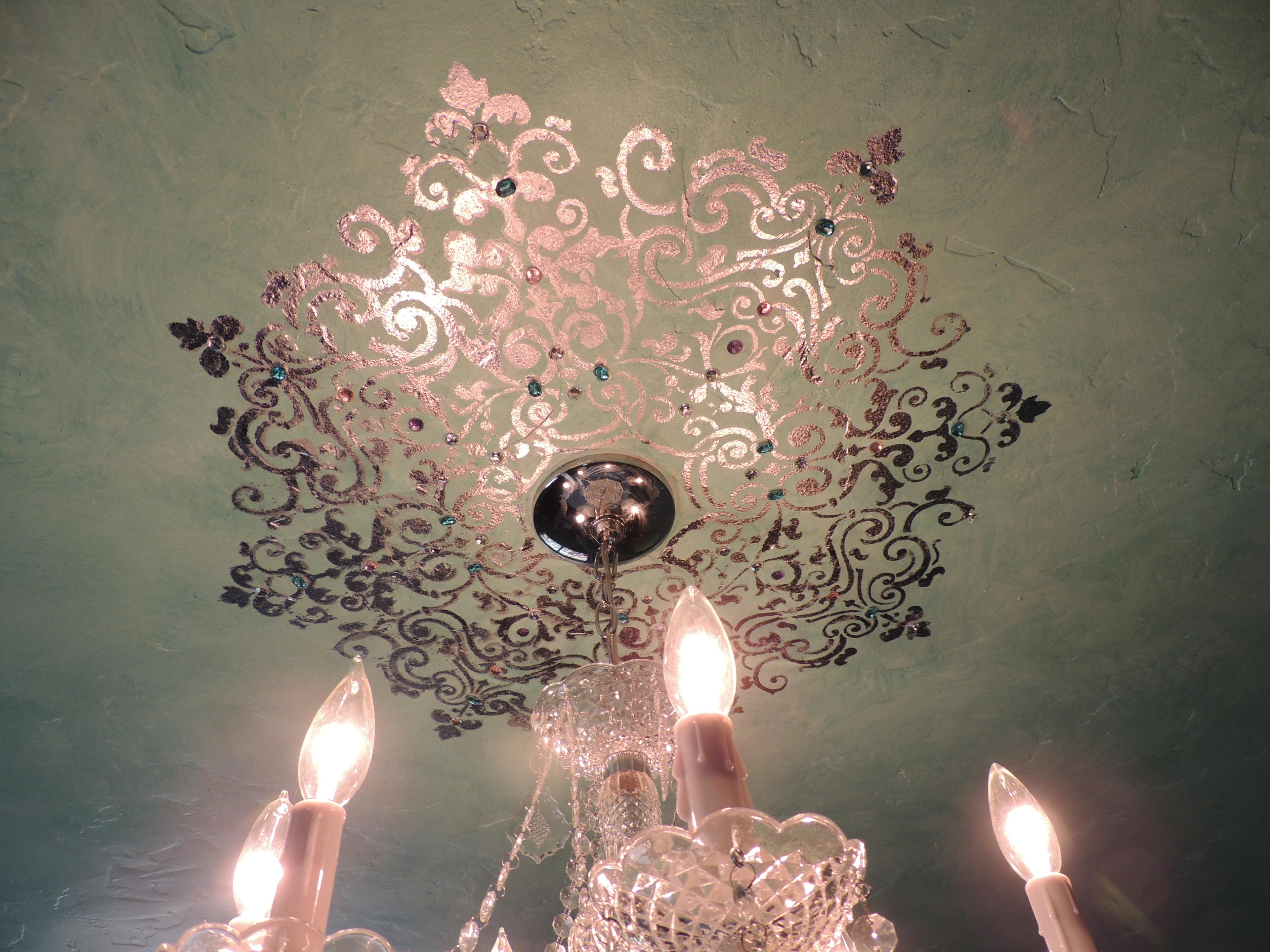 Rose gold and charcoal metallic damask stencil ceiling medallion with rhinestone accents over sage venetian plaster, Houston 