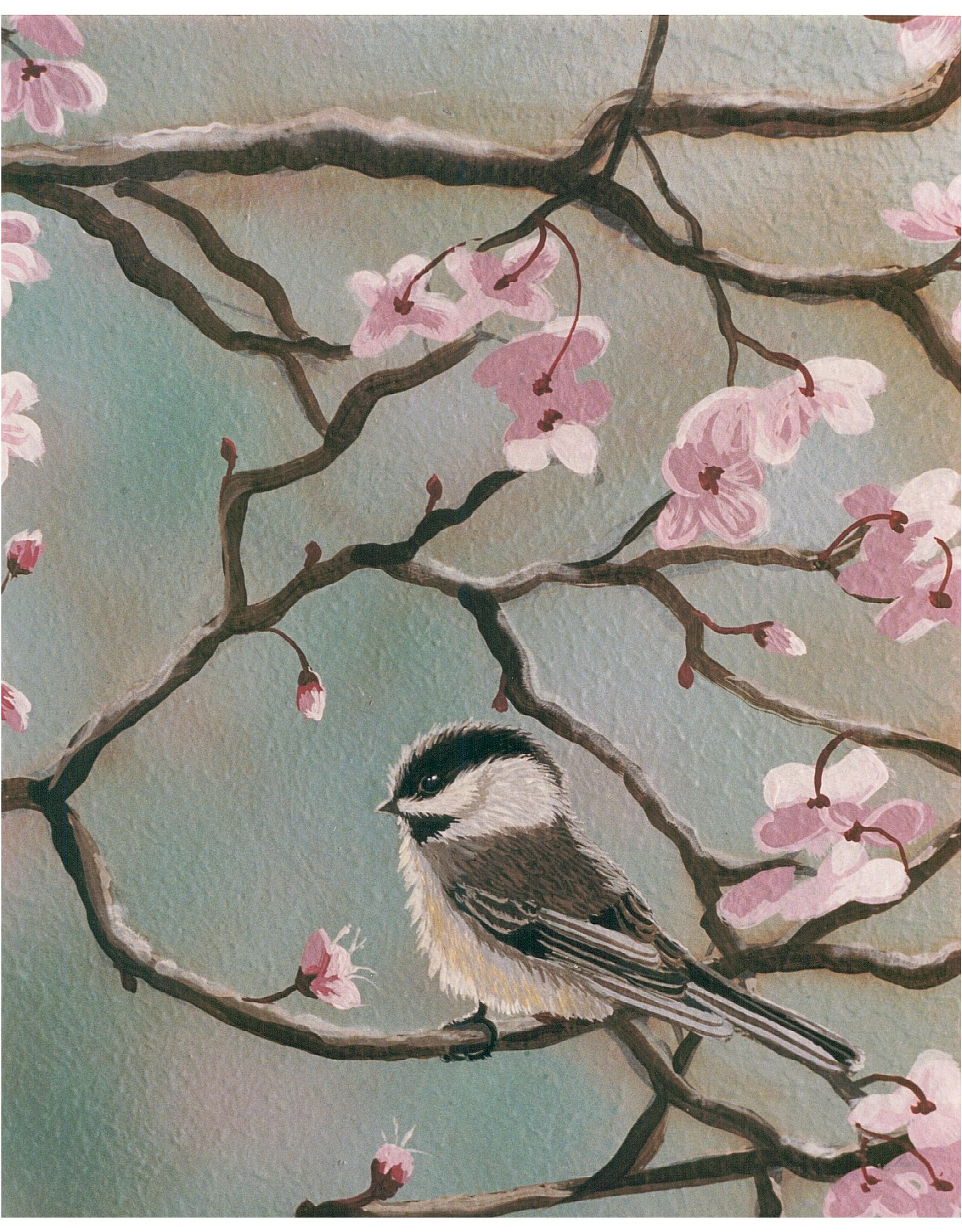 Hand-painted cherry blossom and chickadee wall mural in sage, blush, and brown for residential interior
