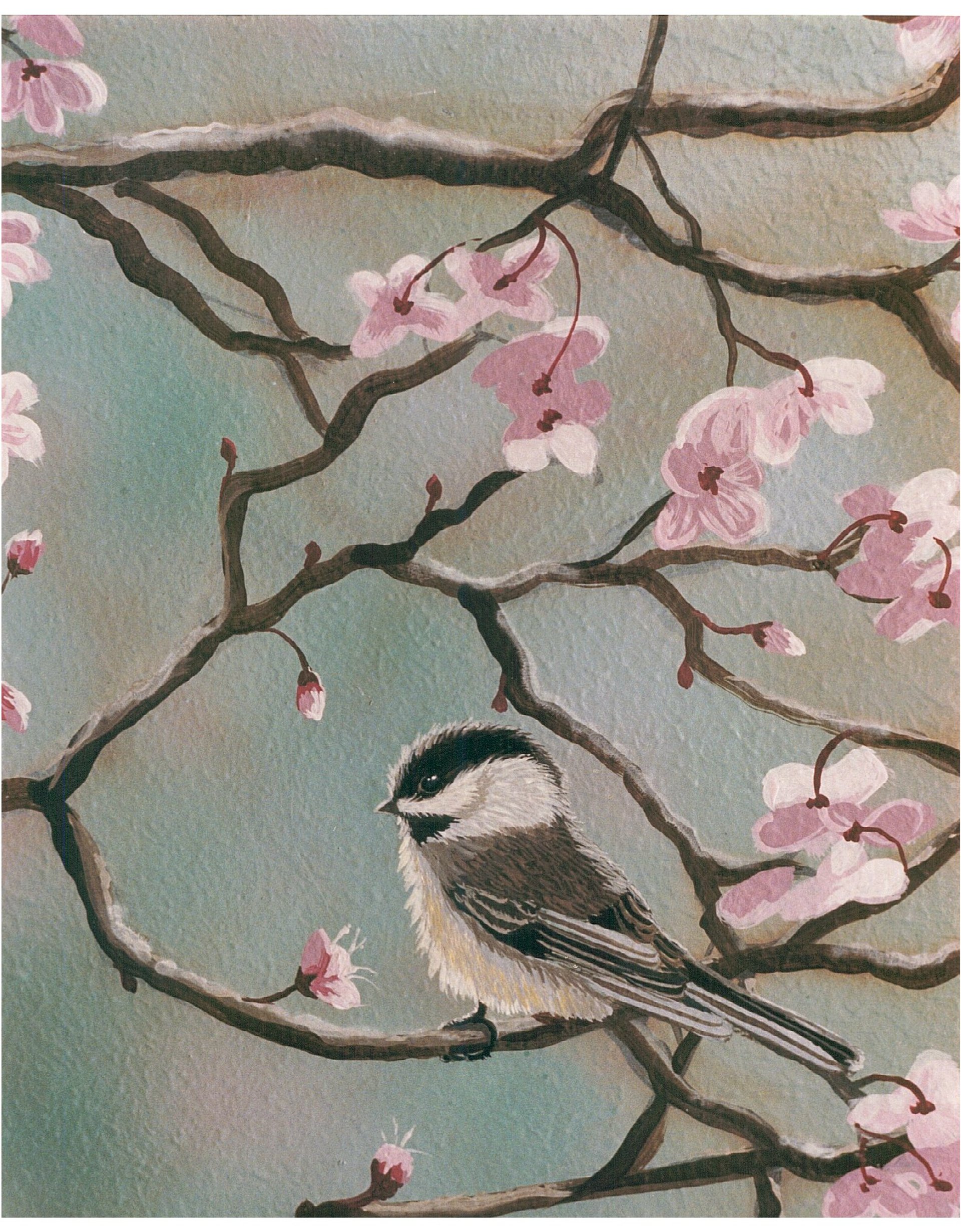 Hand-painted cherry blossom and chickadee wall mural in sage, blush, and brown for residential interior