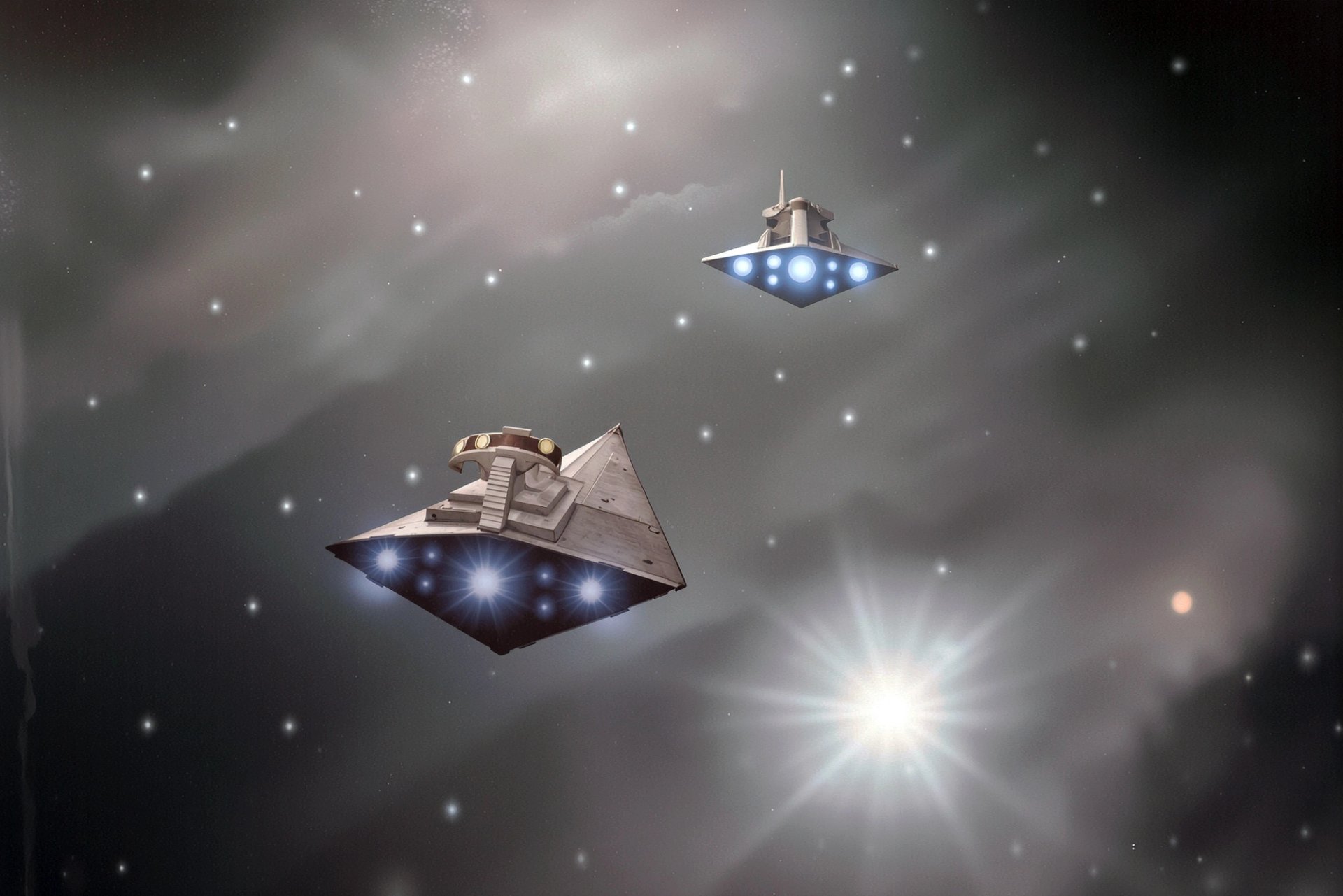 Hand-painted space mural ceiling in children's bedroom featuring Star Wars Star Destroyers against nebula star field