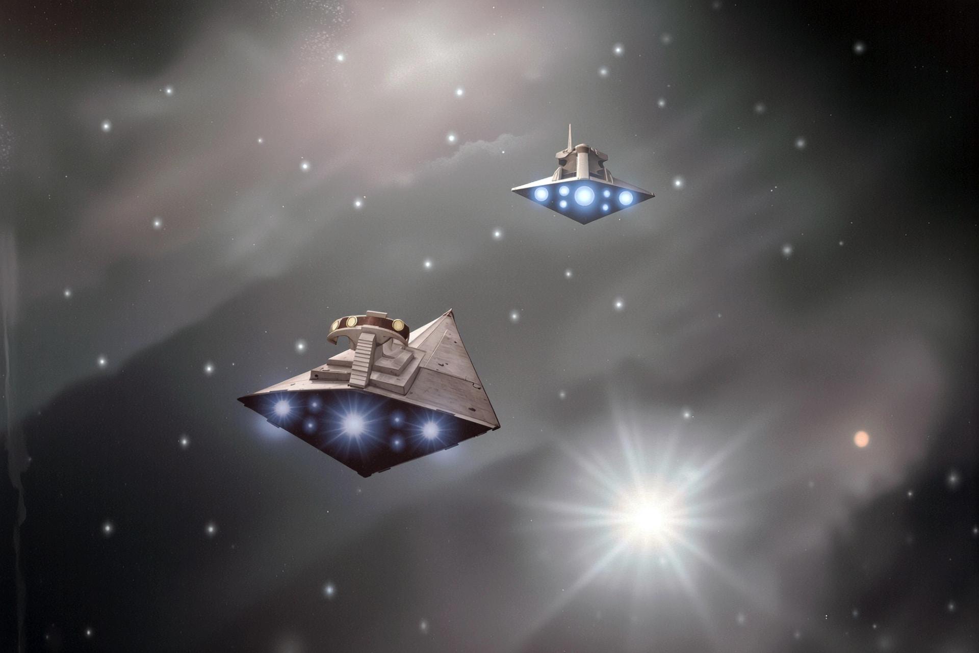 Hand-painted space mural ceiling in children's bedroom featuring Star Wars Star Destroyers against nebula star field