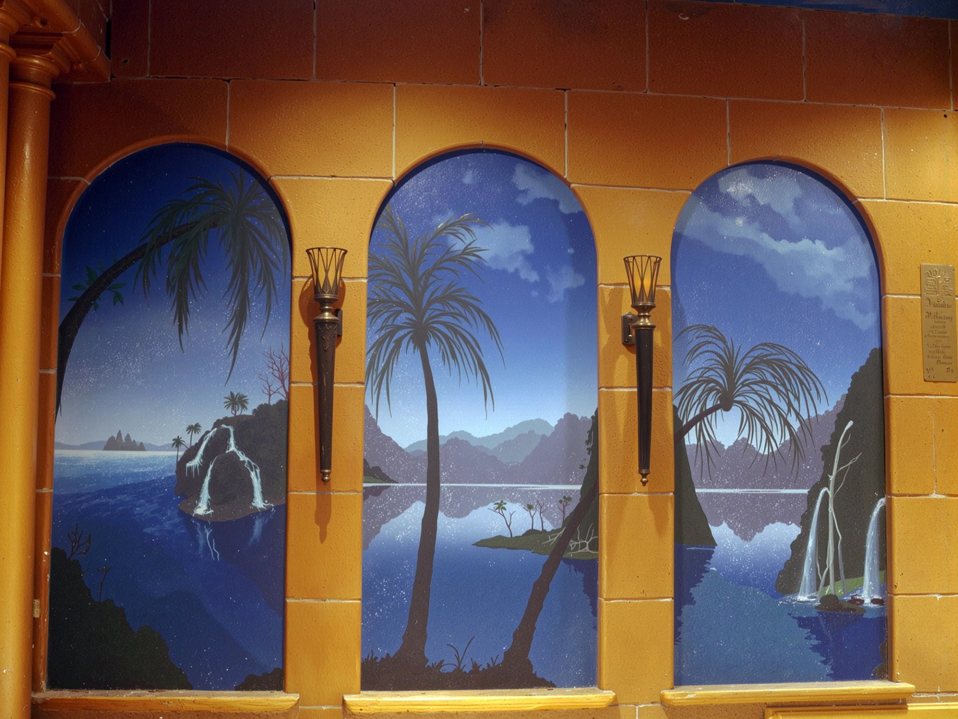 Triptych tropical night scene trompe l'oeil mural with faux stone arched windows, palm silhouettes and waterfalls, Houston TX