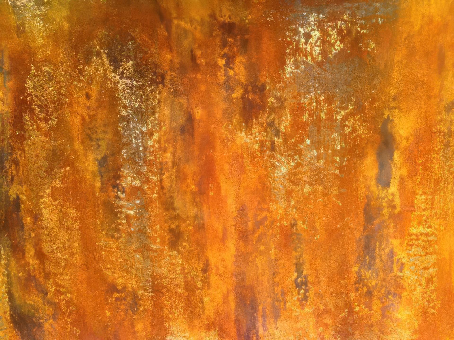 Oxidized corten steel faux finish wall with layered rust, amber, and charcoal patina — residential decorative arts