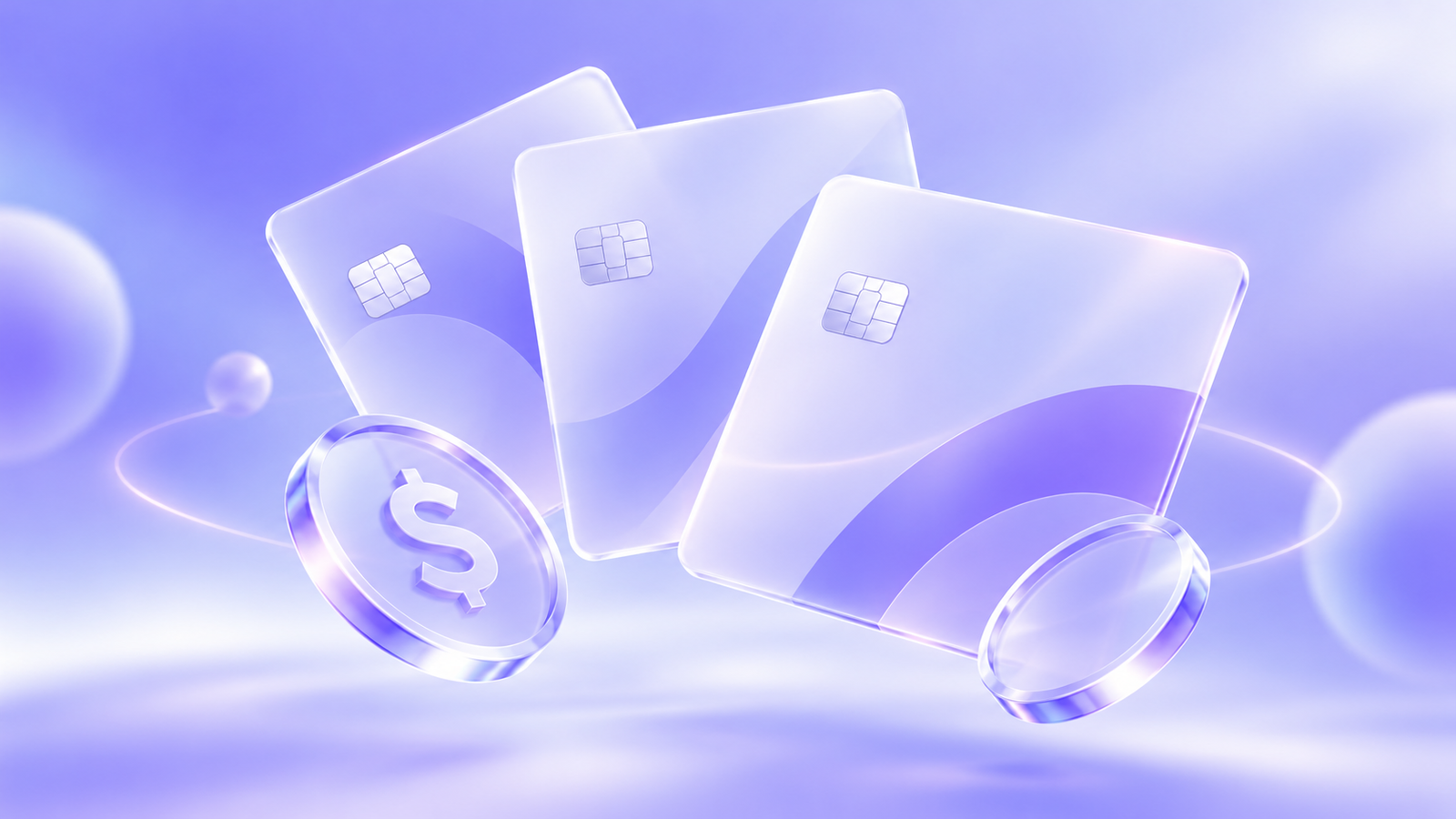 Frosted-glass payment cards floating beside translucent dollar coins on a violet gradient