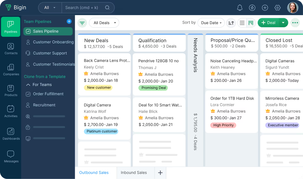 Bigin CRM sales pipeline dashboard