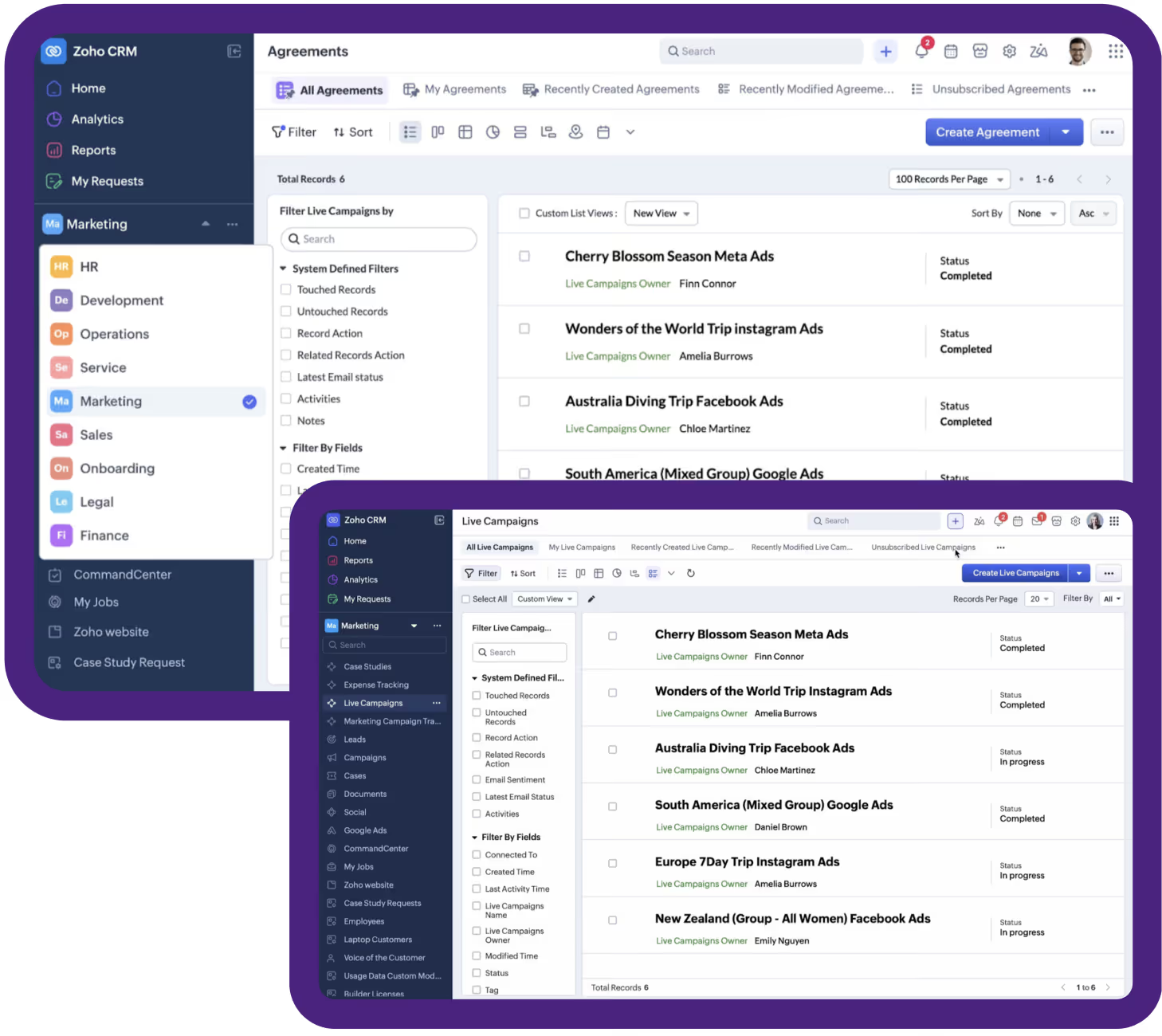 Zoho CRM agreement and campaign dashboards