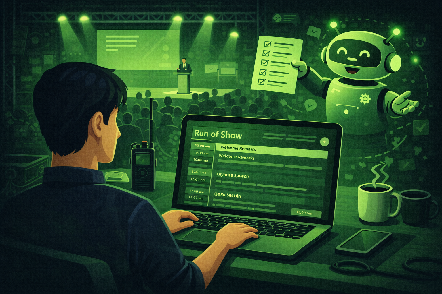 An event producer reviewing a run-of-show document on a laptop at a conference venue