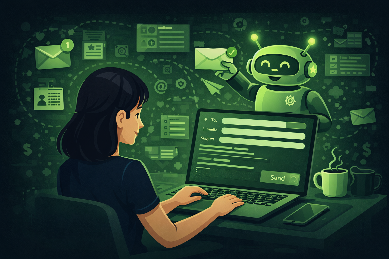 An event planner writing event emails on a laptop using AI tools
