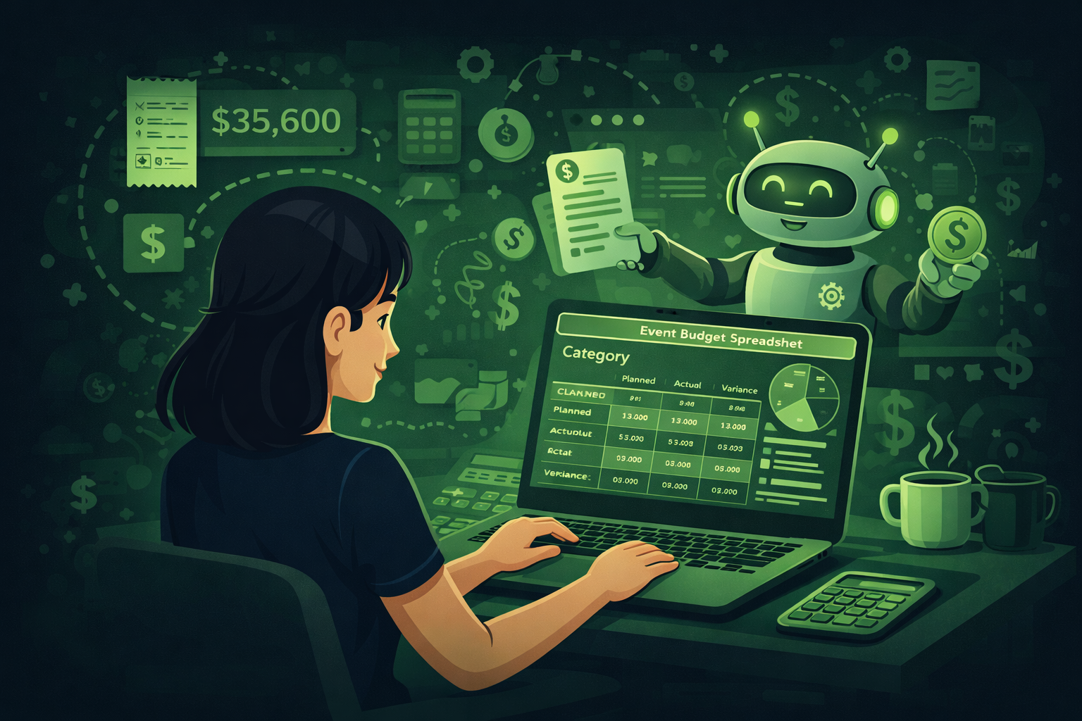 An event planner using AI on a laptop to build an event budget spreadsheet