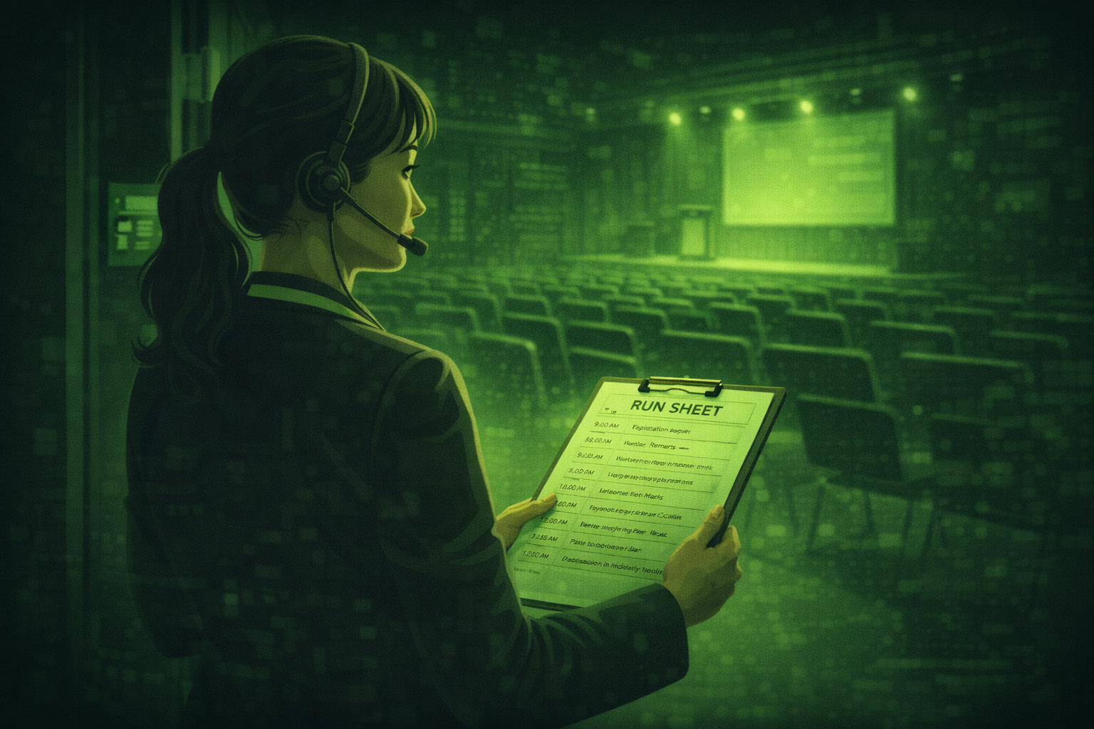 Planner standing at a venue before doors open with a headset and printed run sheet