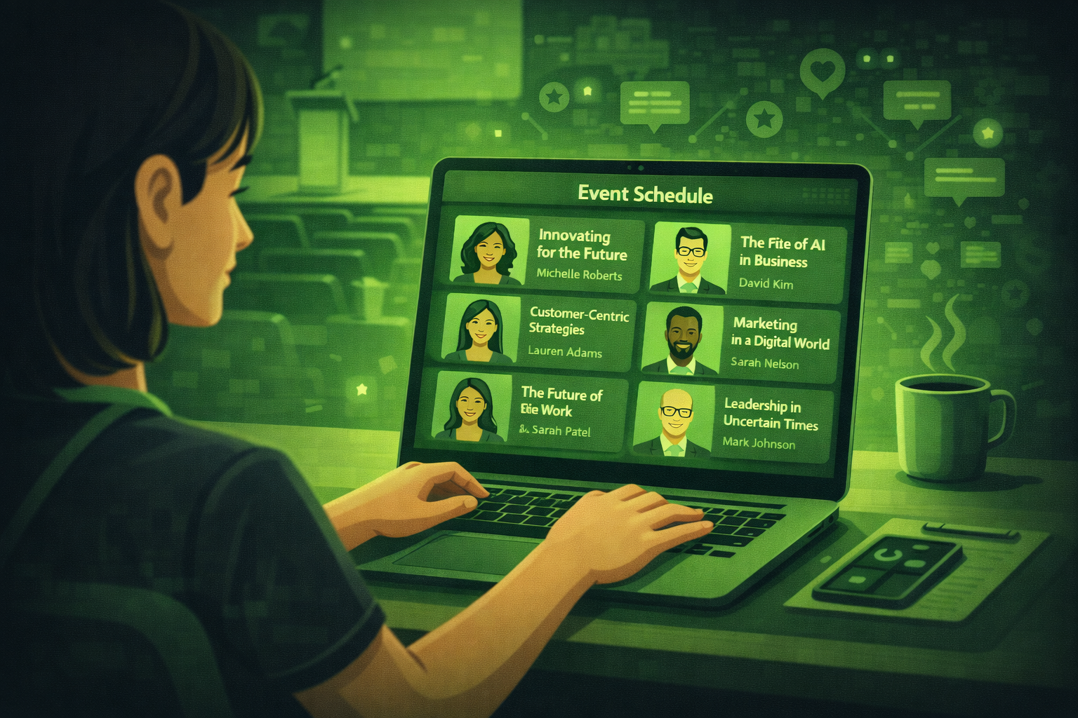 An event planner reviewing speaker headshots and session titles on a laptop