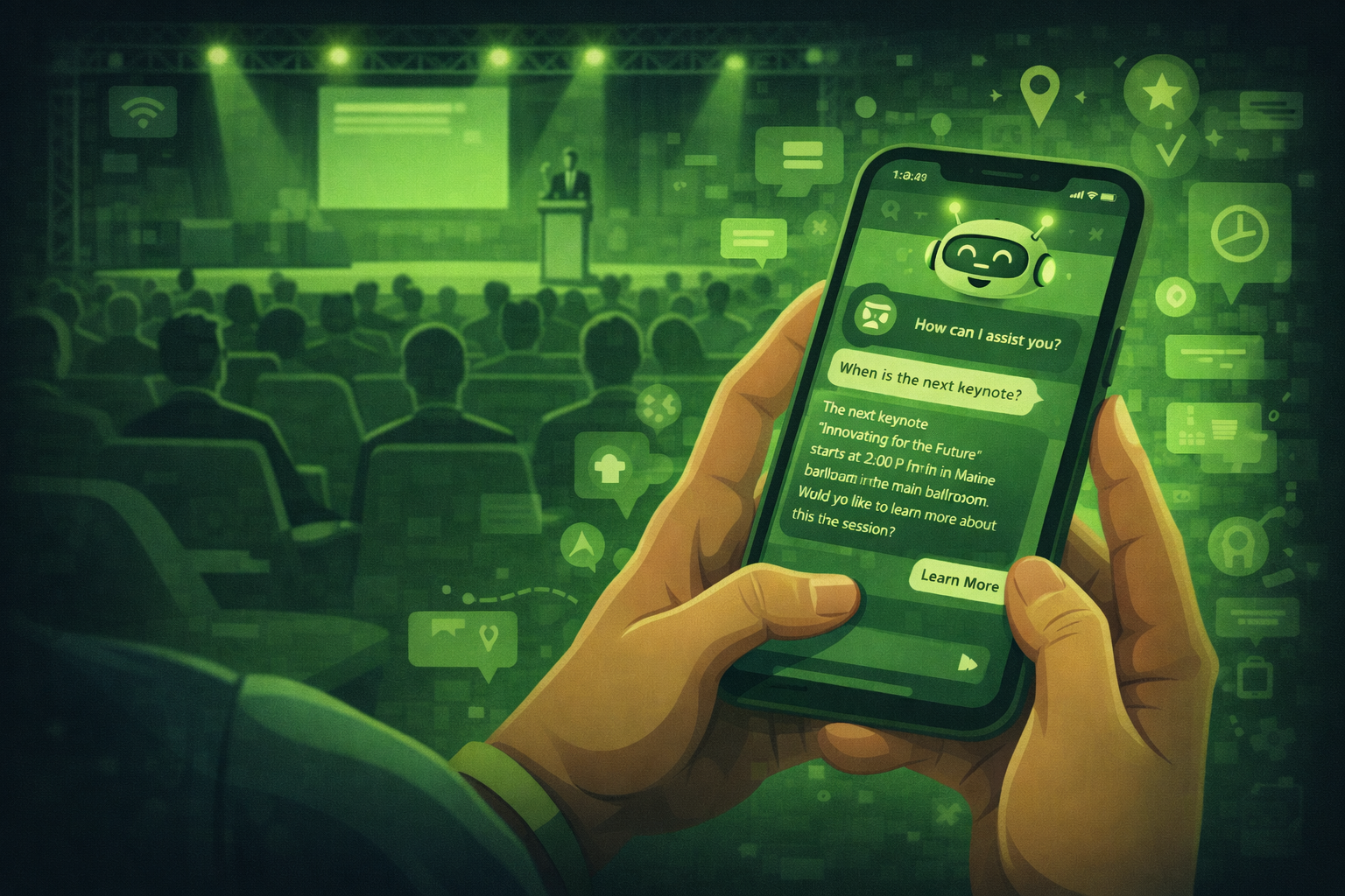 A conference attendee using a chatbot on their phone to find session information