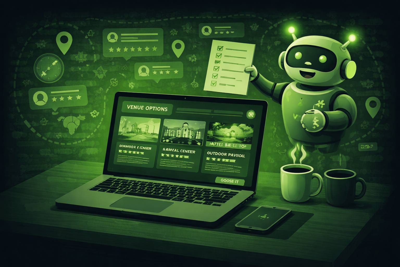 An event planner reviewing venue options on a laptop using AI tools