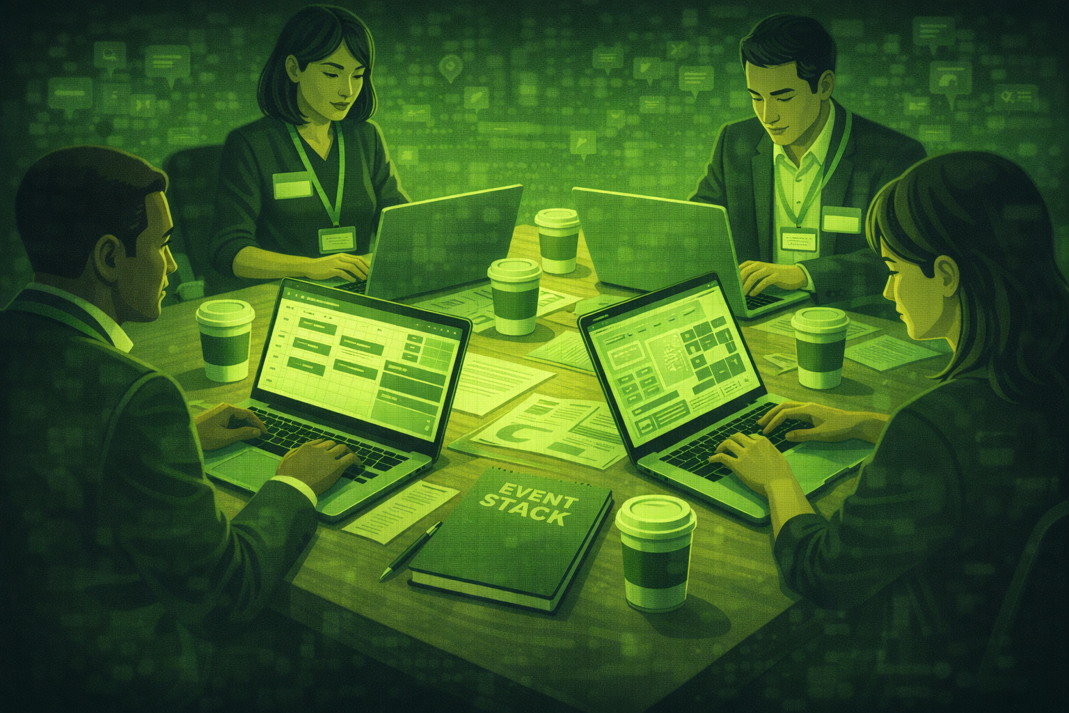 Event planners working on laptops around a planning table with coffee cups