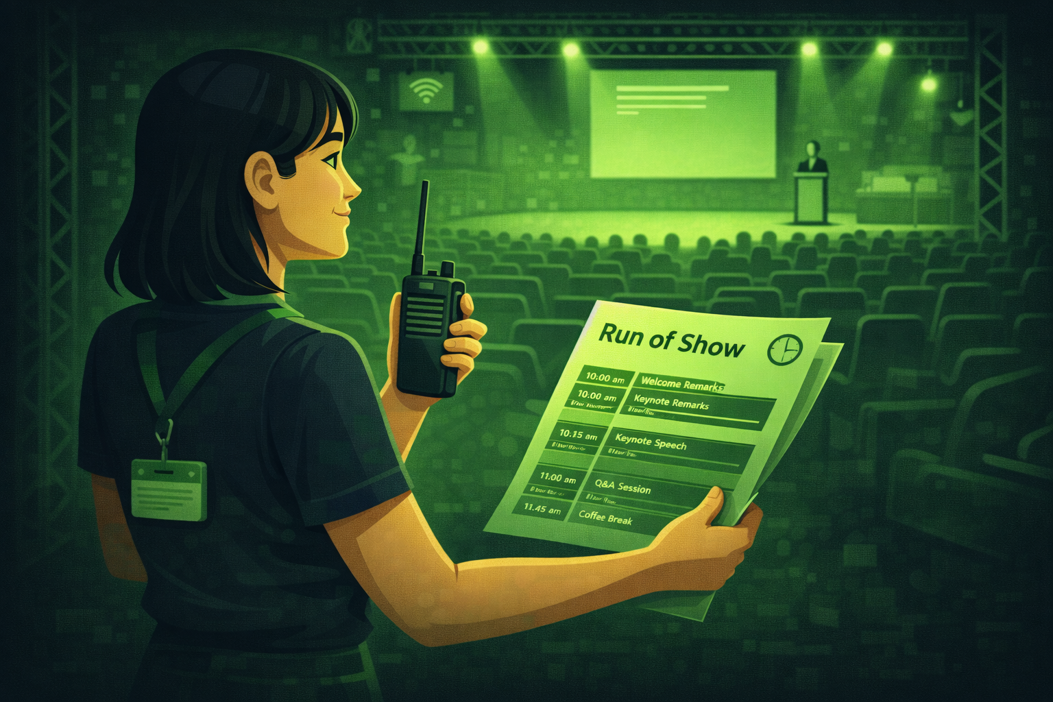 A planner pausing at an event venue before doors open, holding a radio and a printed run sheet