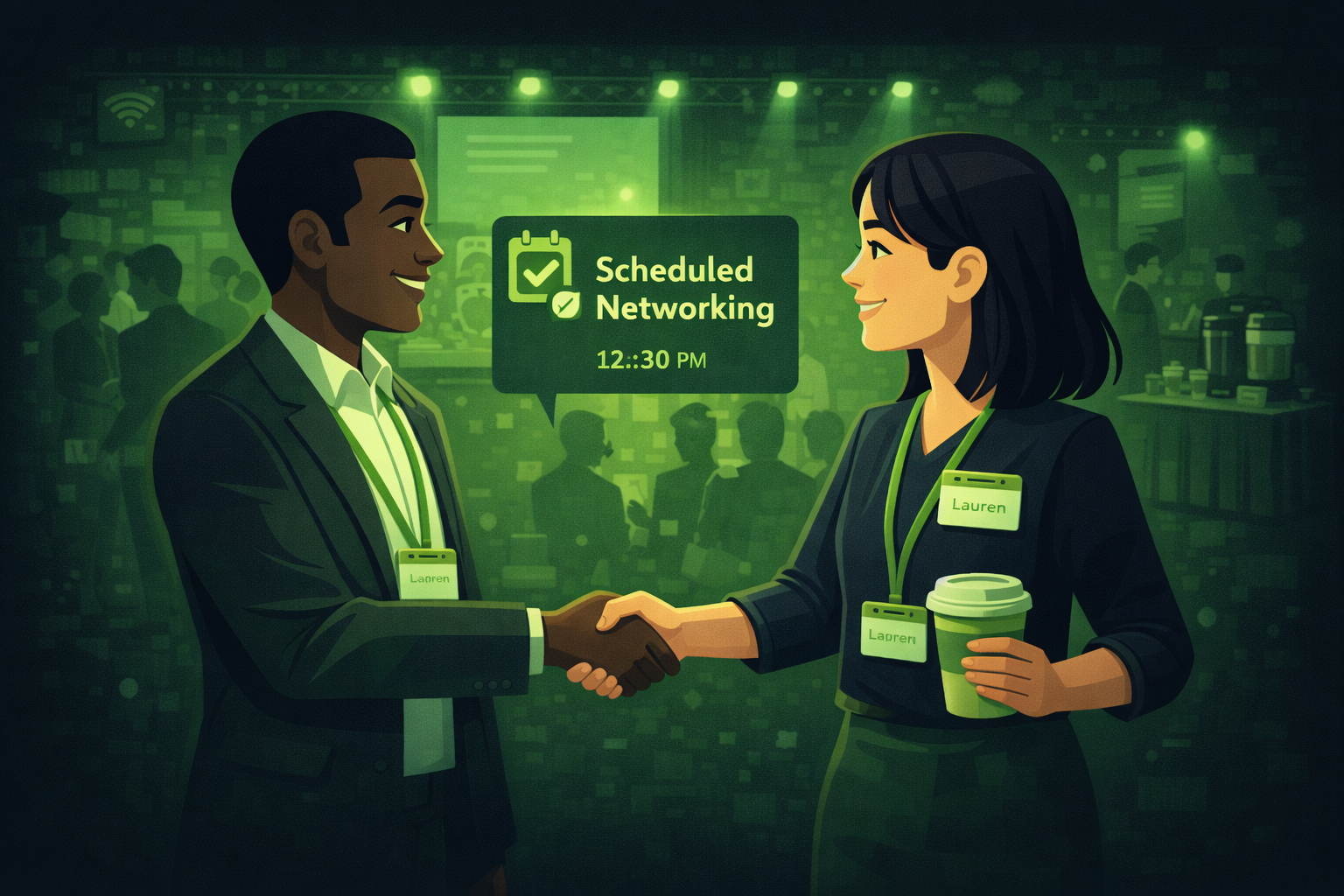 Two event attendees meeting for a scheduled networking conversation at a conference