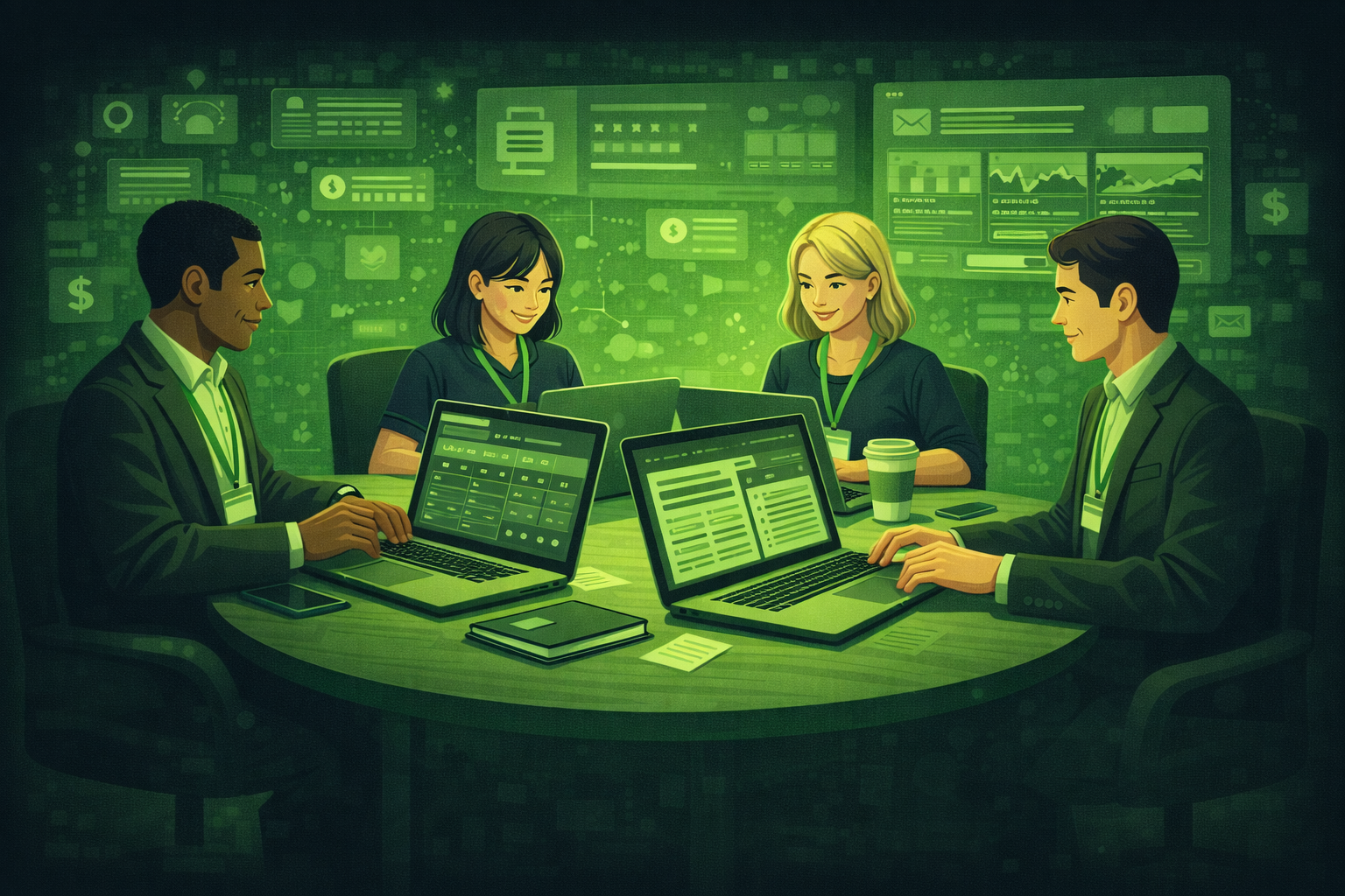 A group of event planners working on laptops around a conference table during a planning session