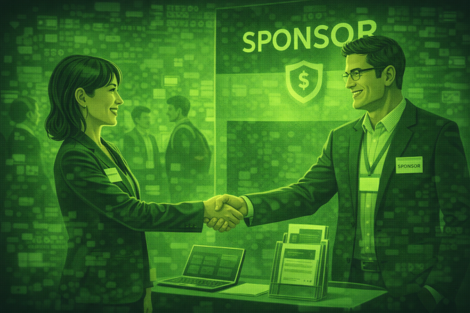 Event planner shaking hands with a sponsor representative at a conference booth