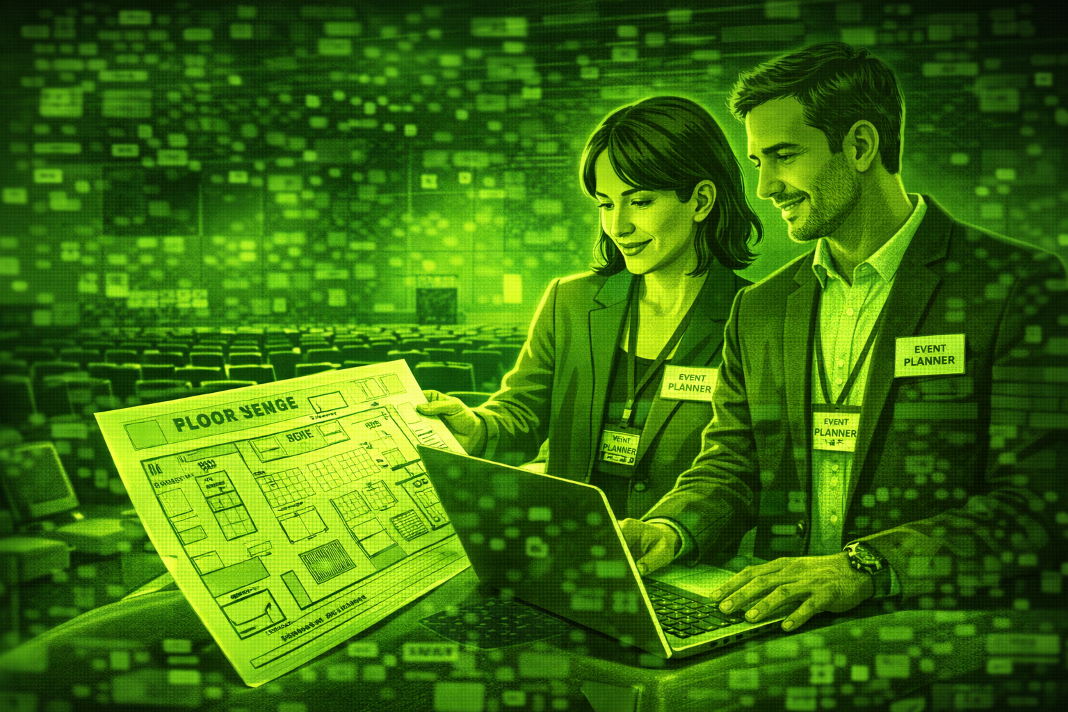 Two planners reviewing a floor plan and laptop at a conference venue