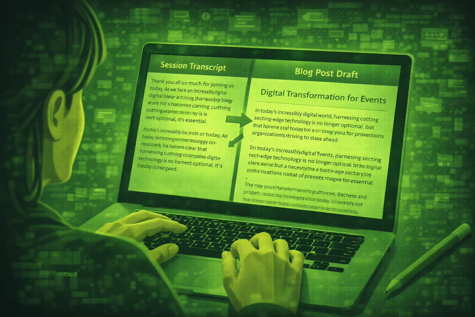 Editor turning a conference session transcript into blog paragraphs on a laptop