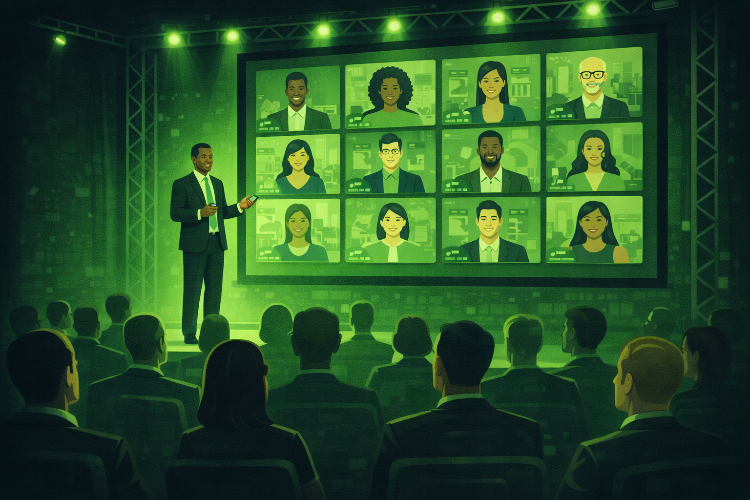 A conference stage with an in-person audience and a large screen showing virtual attendees joining online