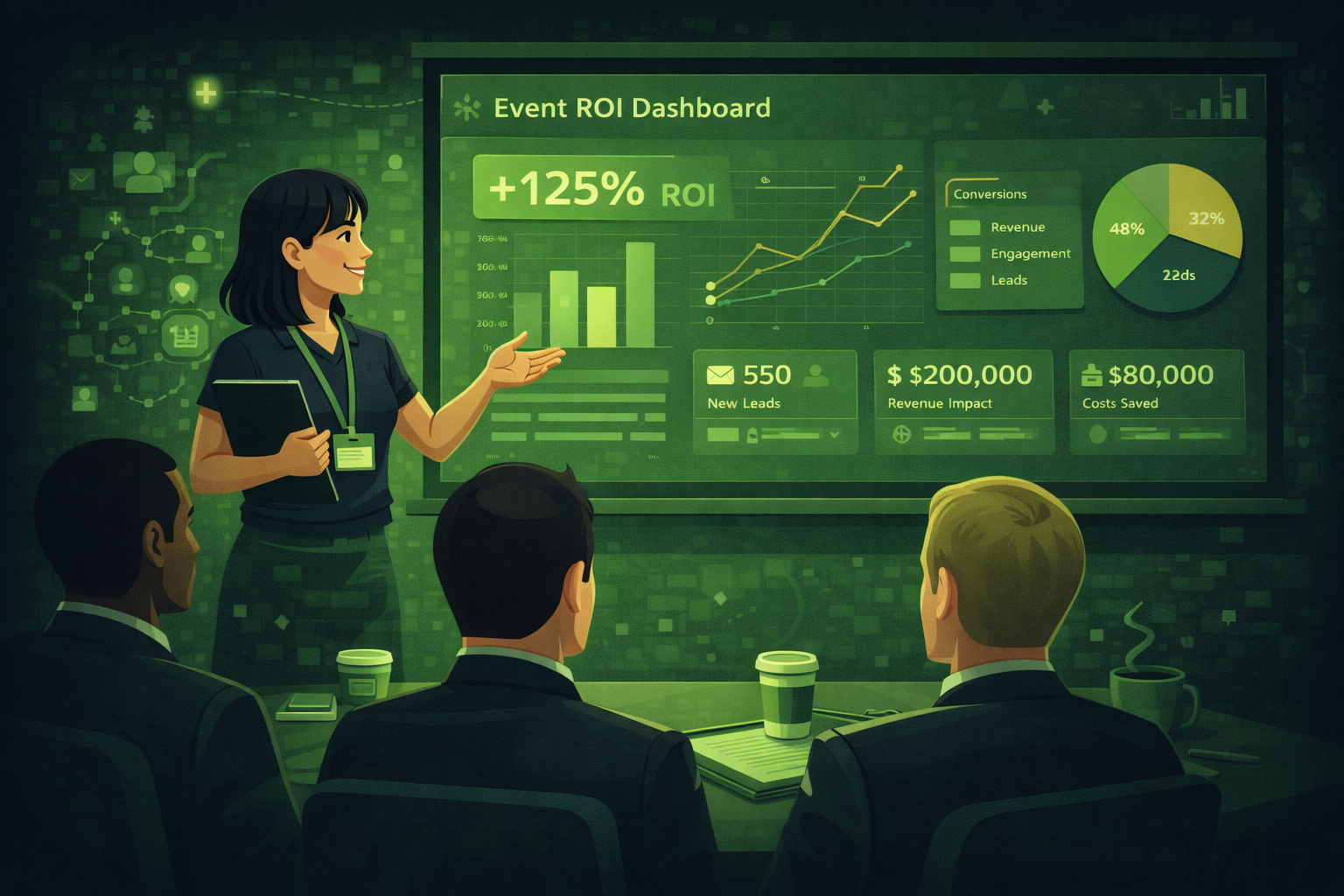 An event planner presenting ROI data on a dashboard to business stakeholders