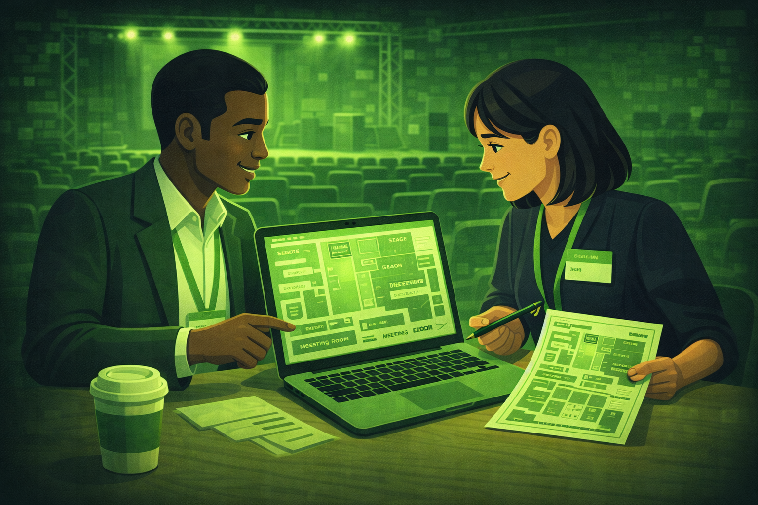 Two event planners collaborating over a laptop and printed floor plan at a venue