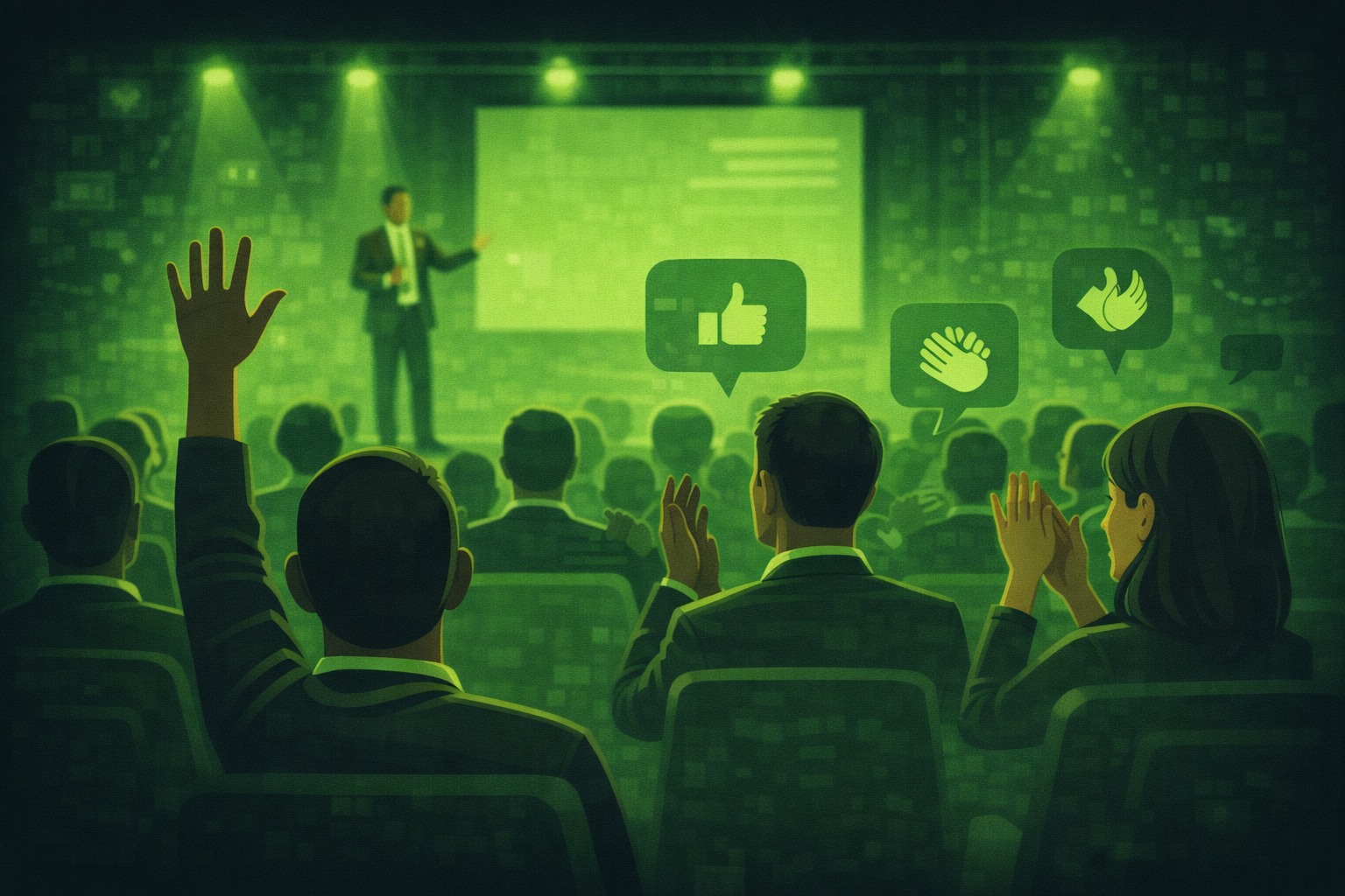 Audience members at a conference reacting during a session, seen from the back of the room