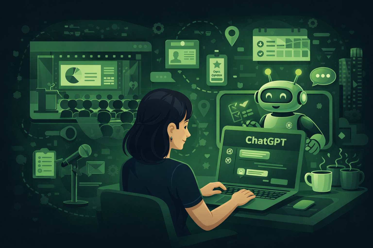 An event planner using ChatGPT on a laptop to plan a conference