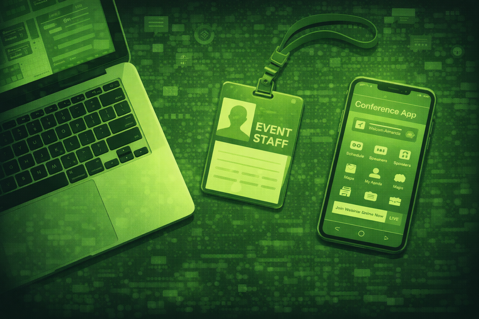 Flat lay of laptop, event badge, and phone showing a conference app