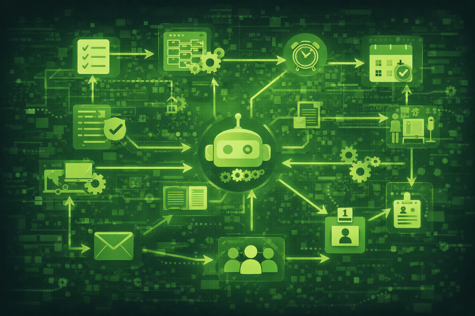 Abstract network diagram suggesting automated workflows connecting event tasks