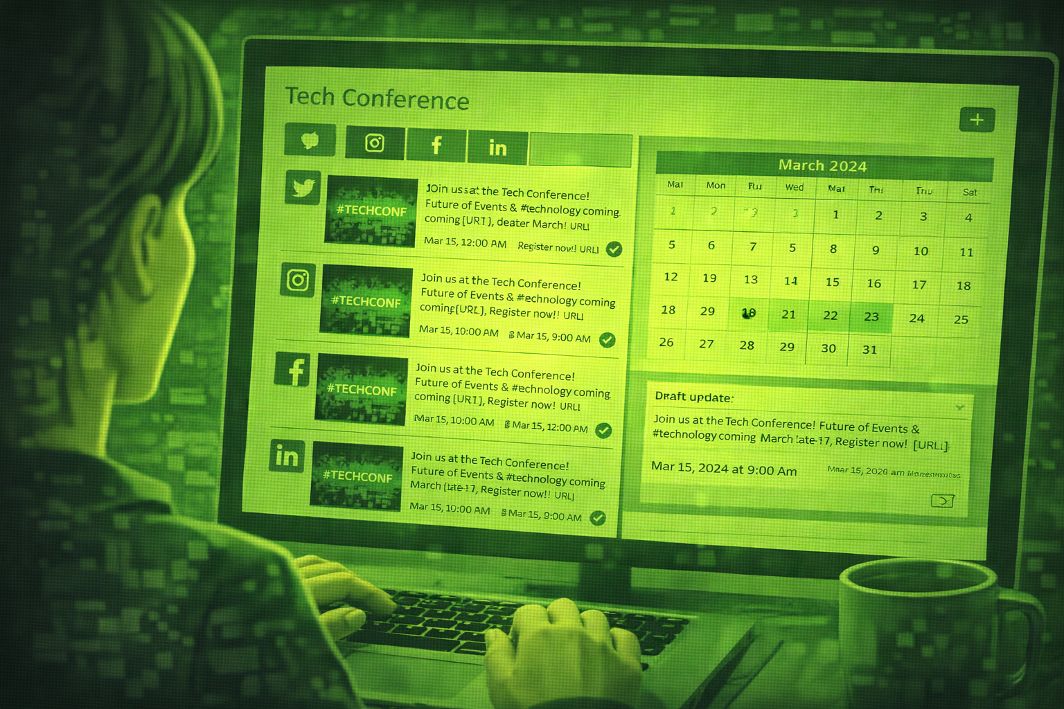 Marketing lead scheduling social posts for an event on a large monitor