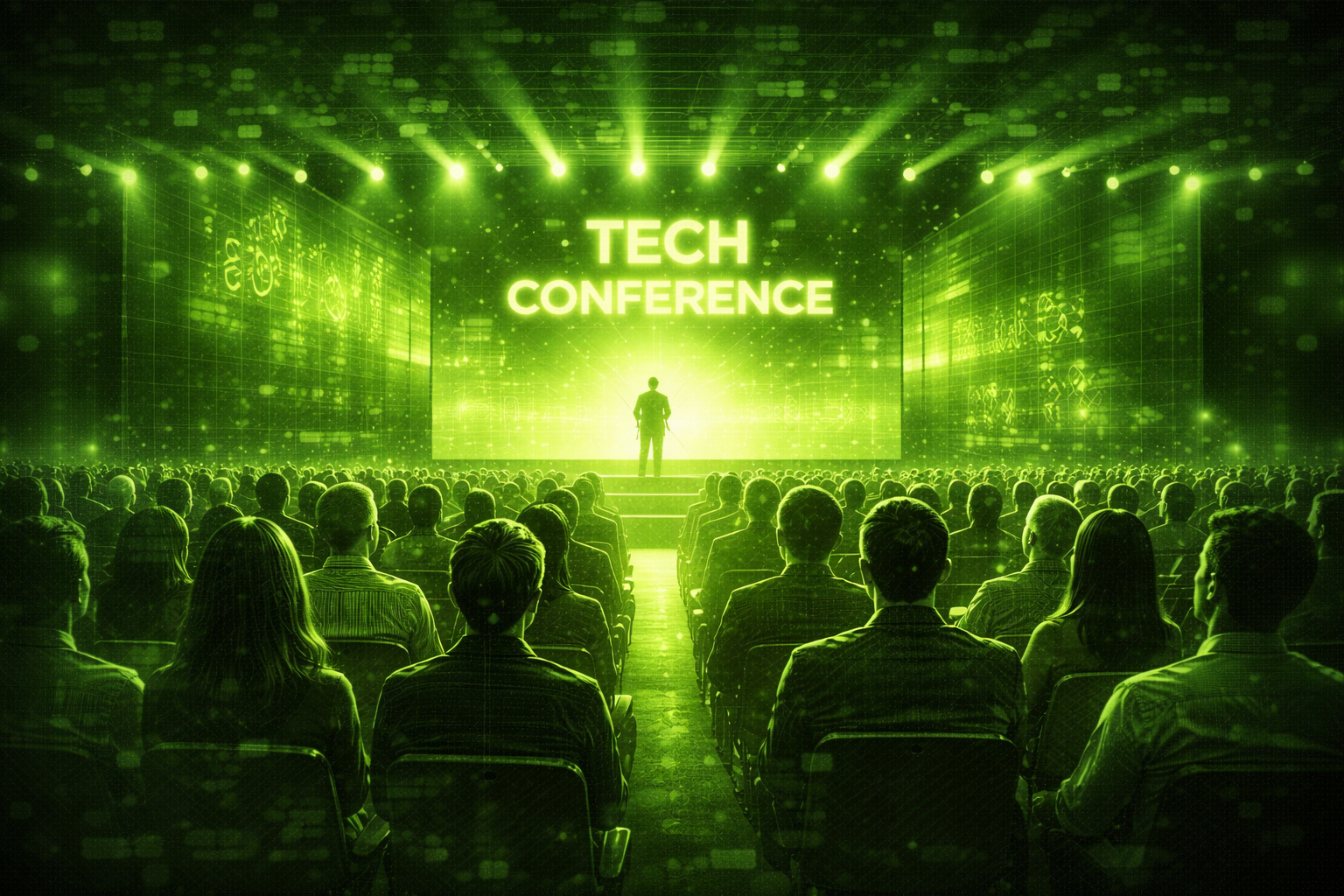 Conference audience seated in a dark room facing a bright stage