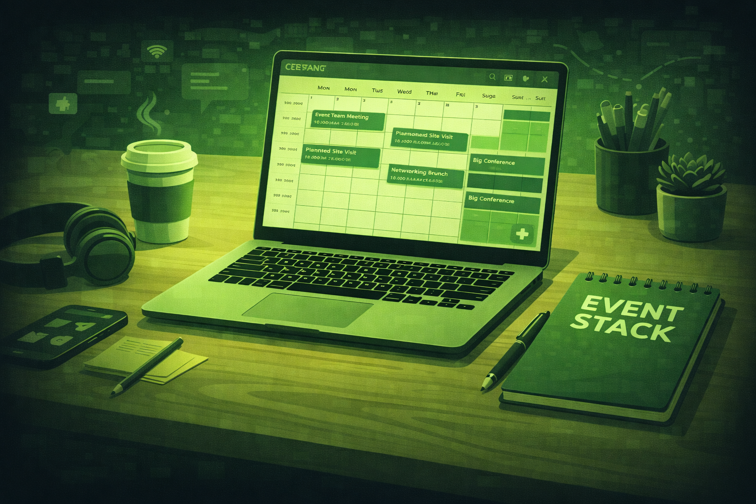 A clean desk with a laptop showing a calendar and a notepad labelled event stack