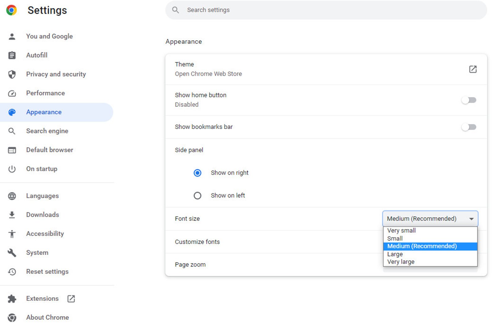 Chrome settings to change the dimensions of the font