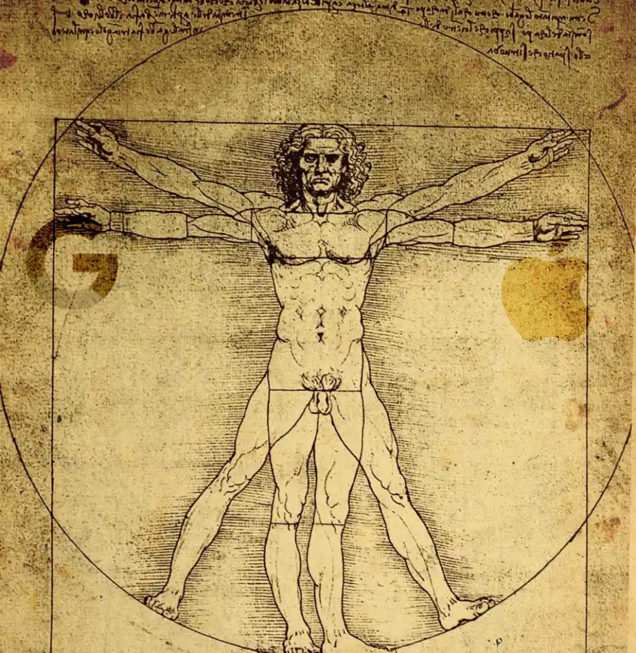 Drawing of Vitruvio man from Leonardo holding Apple and Google logo