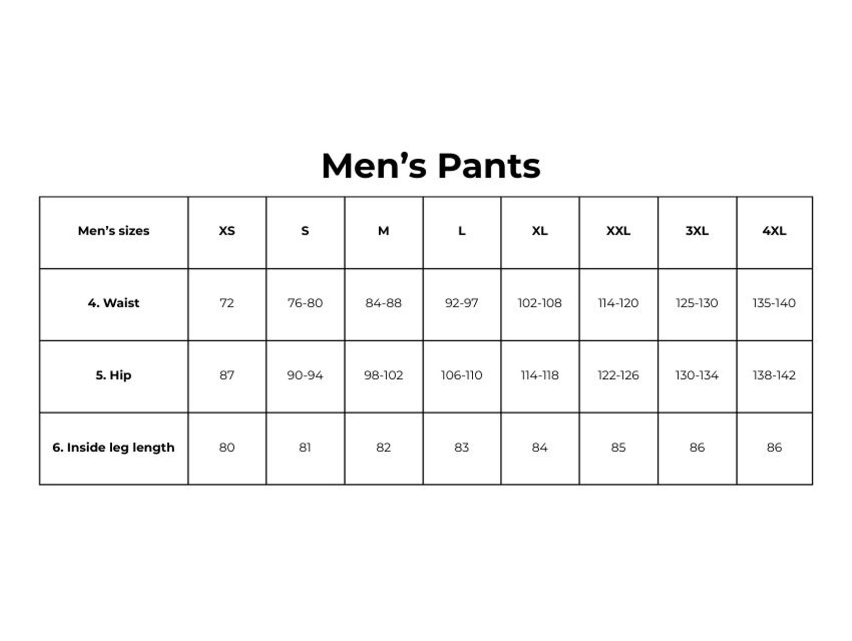 Men's pants size guide