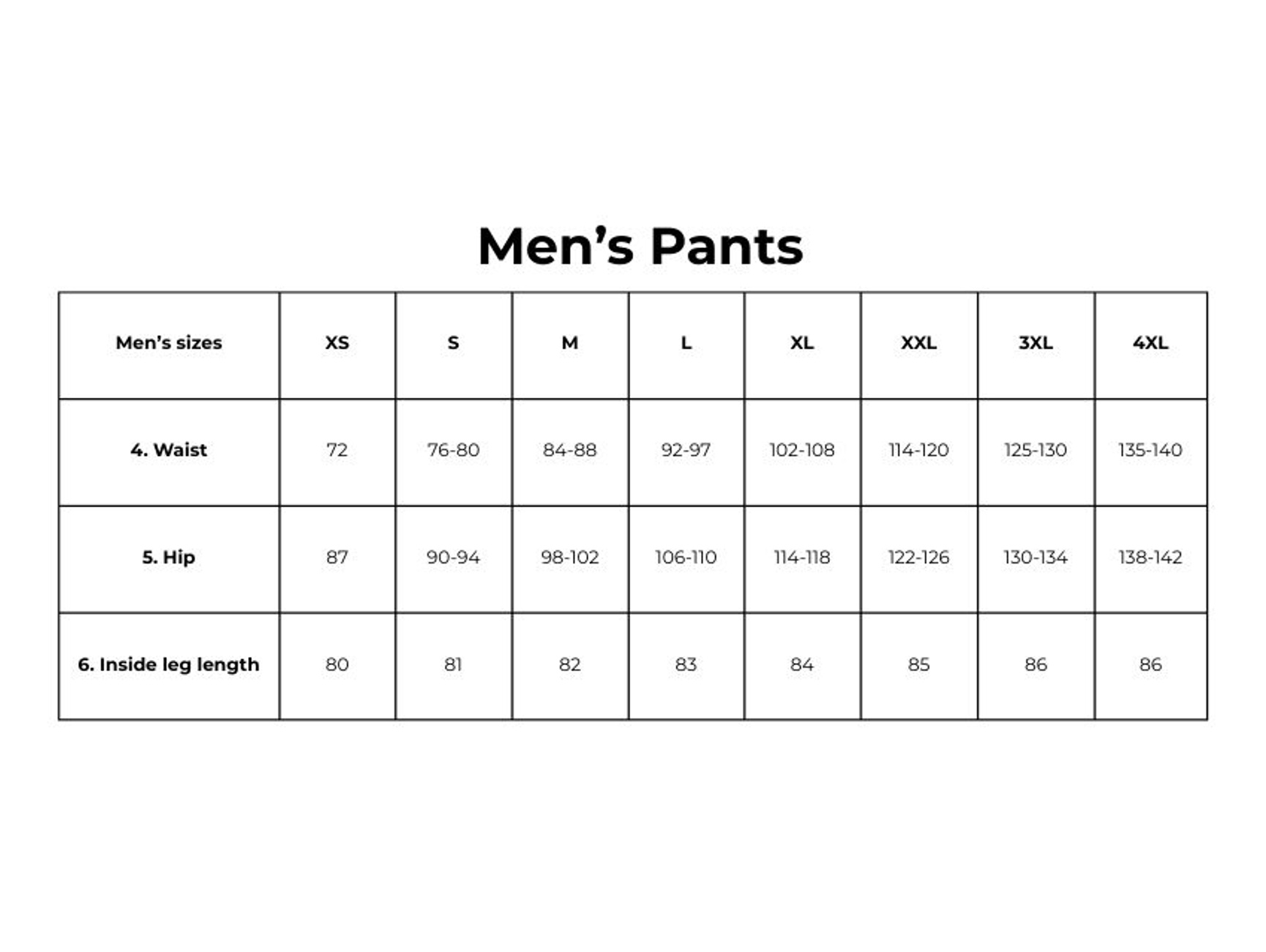 Men's pants size guide