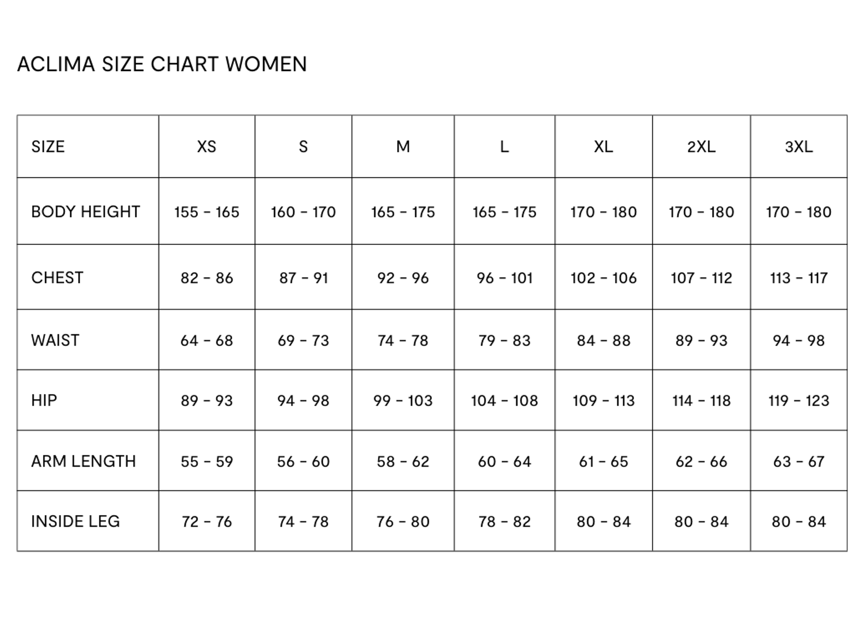 Größentabelle von Aclima für Damen 