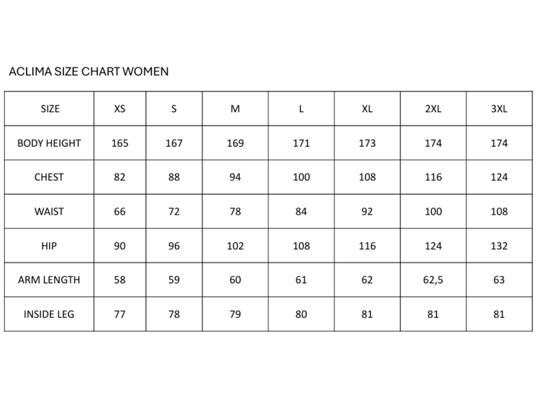 Aclima Size Chart Women