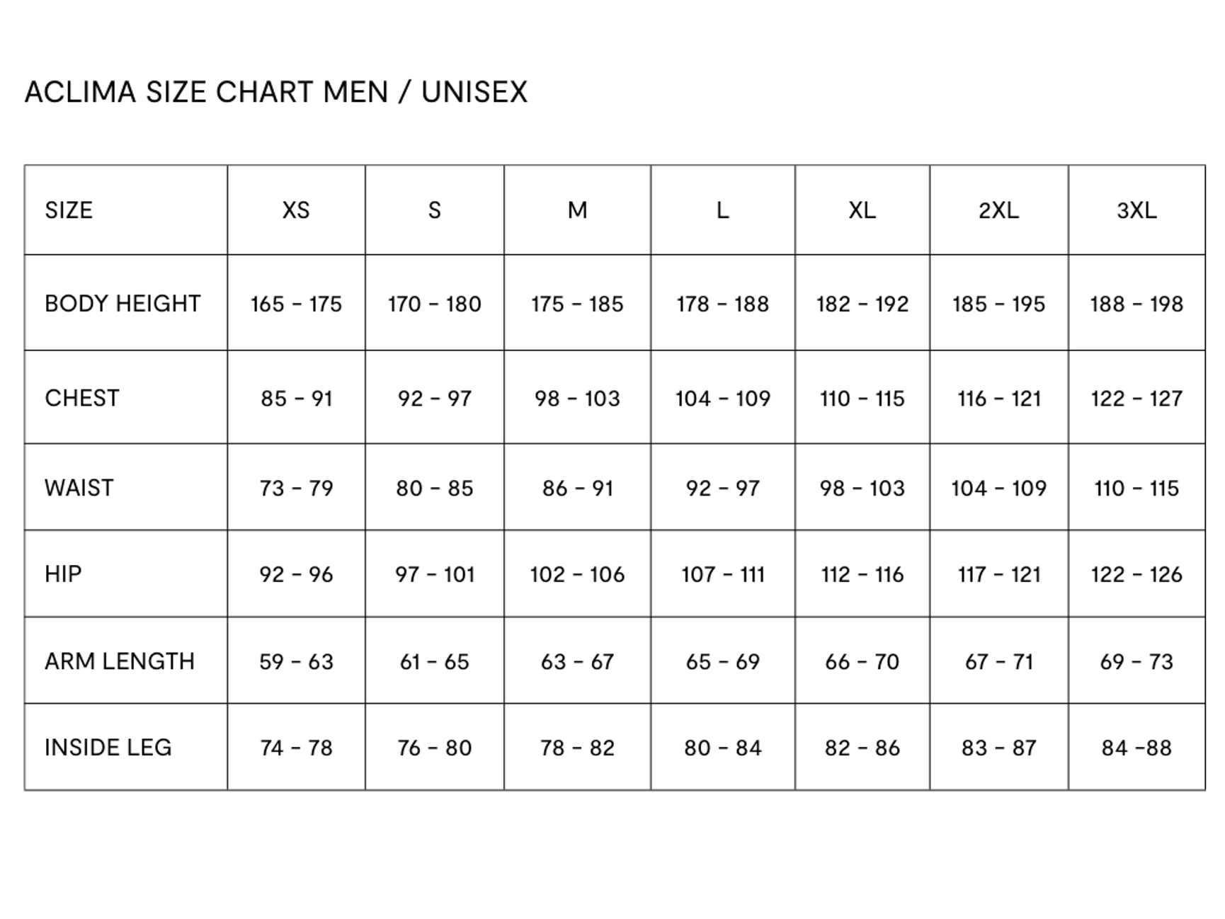 Aclima Größentabelle für Herren und Unisex
