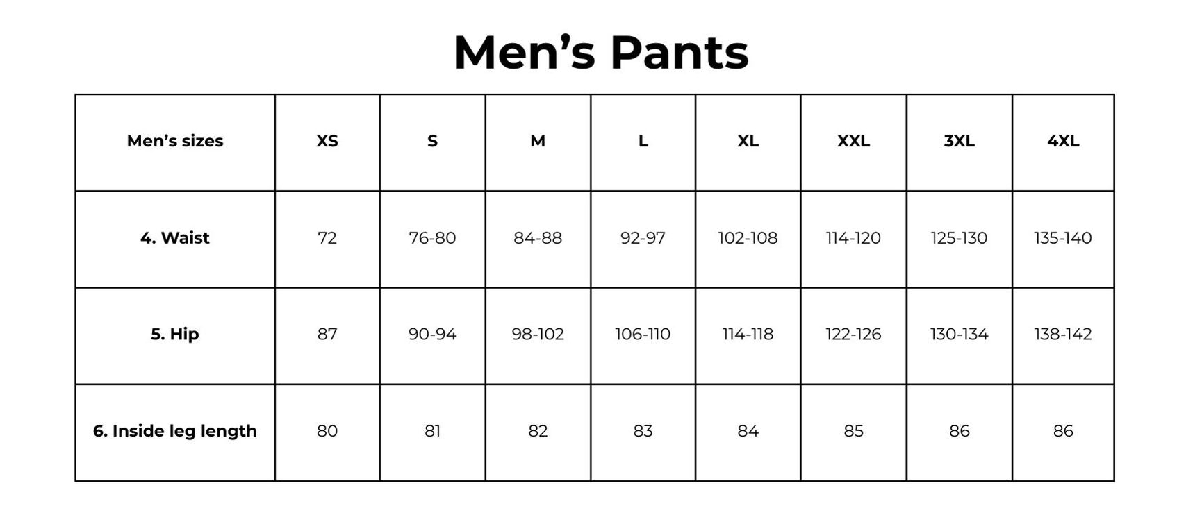 Men's pants size guide