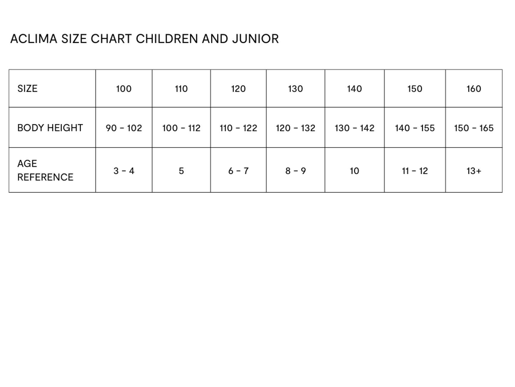 Größentabelle von Aclima für Kinder 