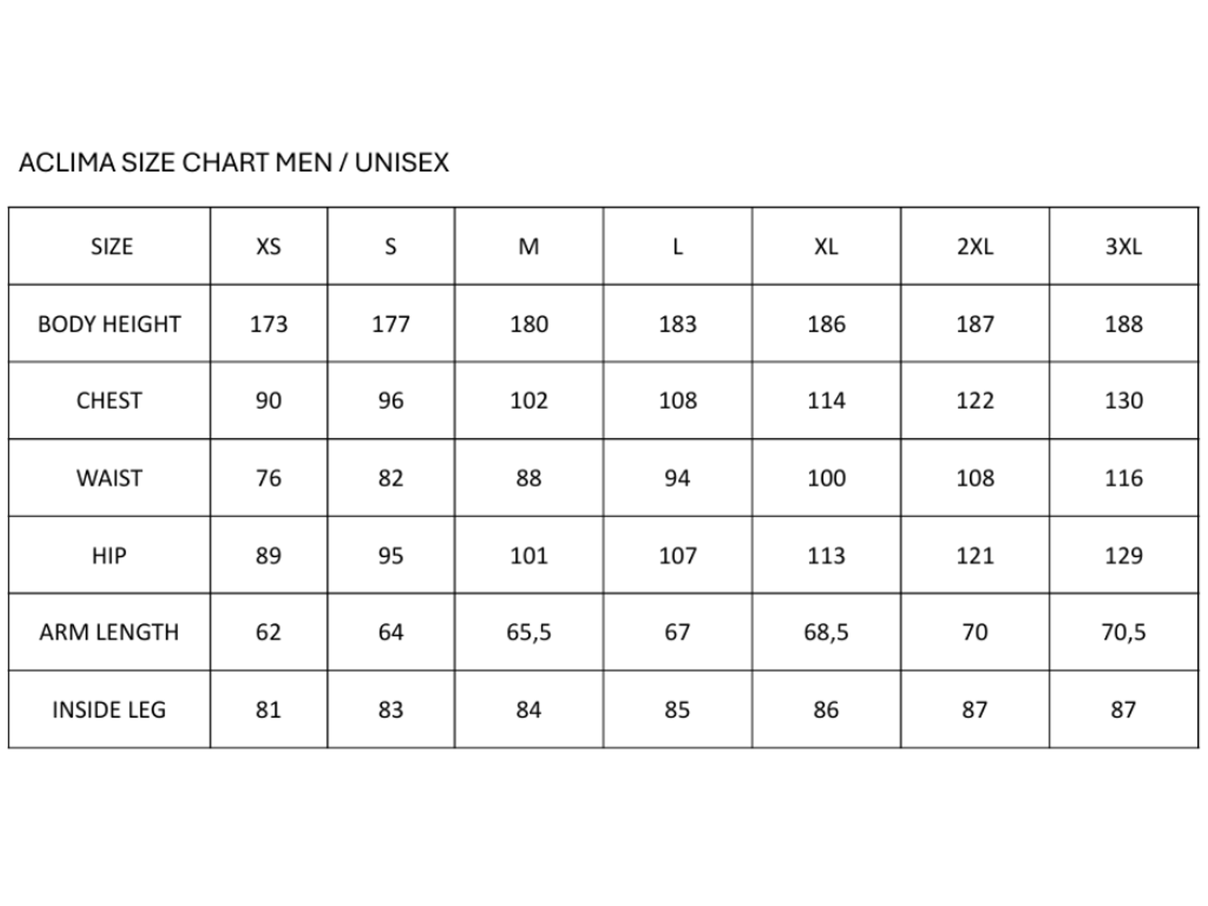 Aclima Size Chart Men Unisex