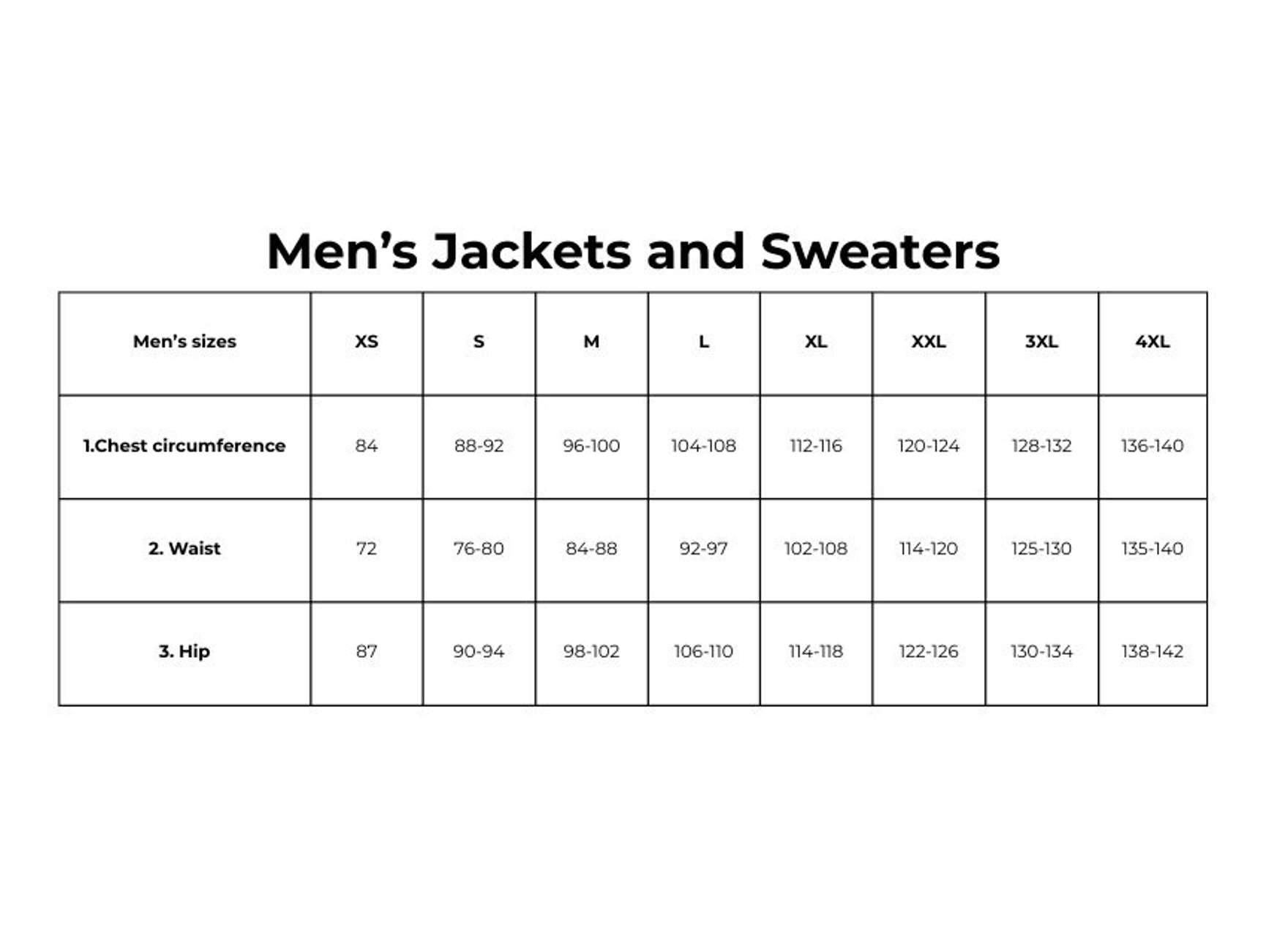 Men's jackets and sweaters size guide