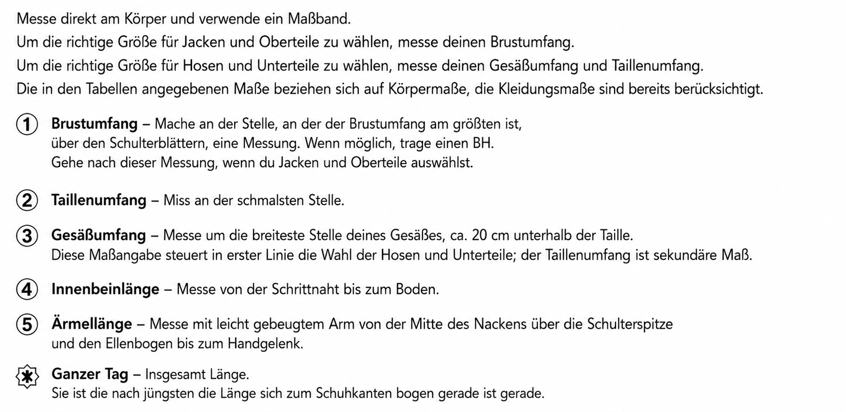 Größentabelle Junior Messbeschreibung
