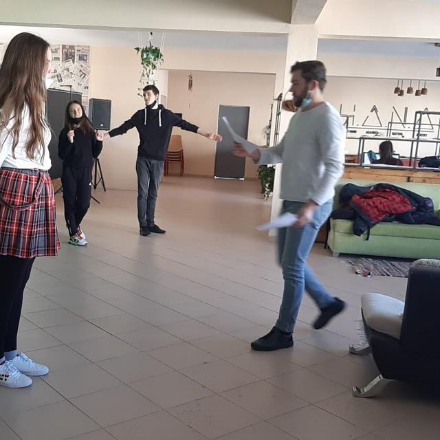 Rehearsal for staging the theatrical play "Apollo's Reeducation"